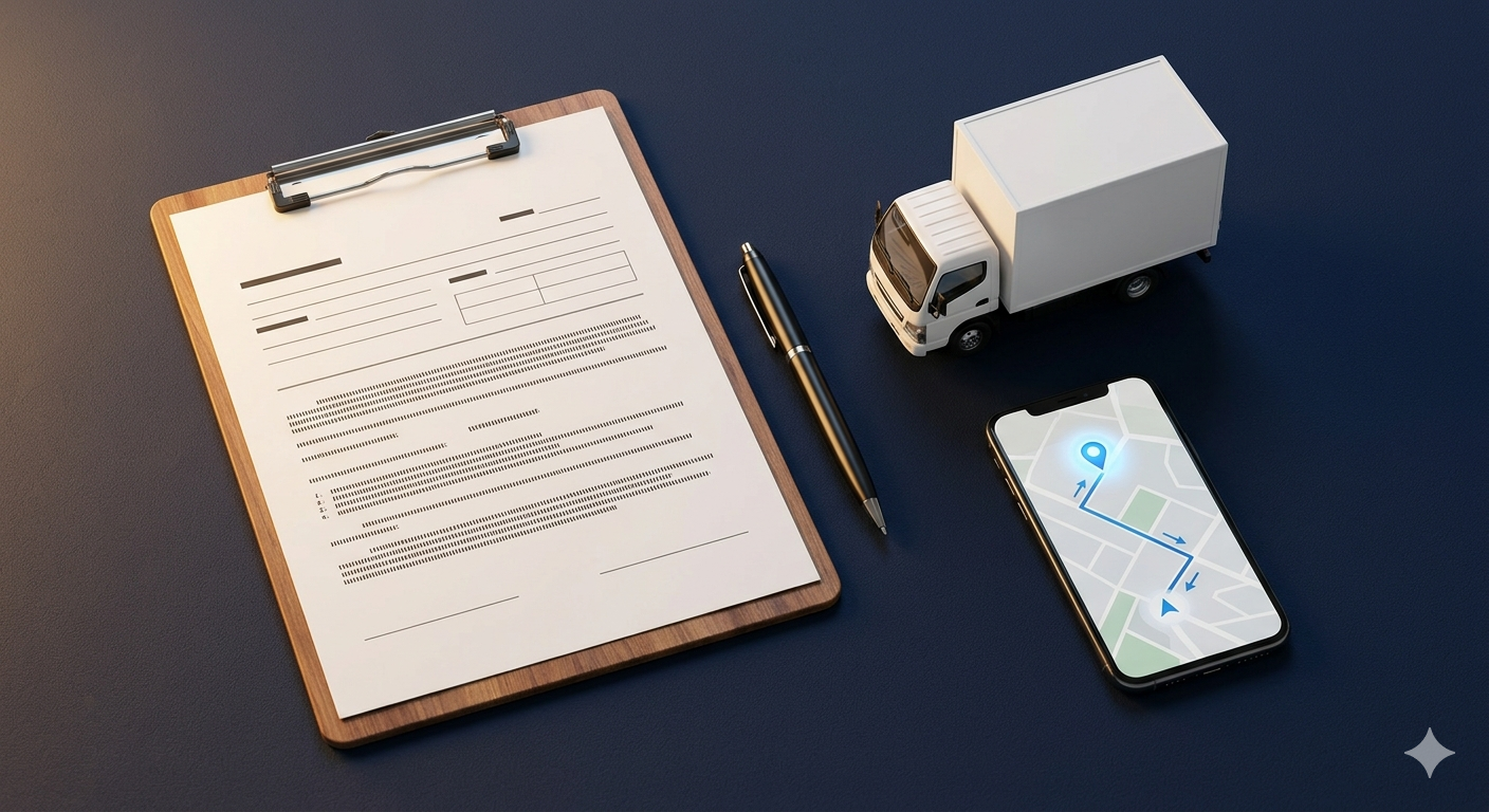 Logistieke planning met formulier, voertuig en route op smartphone
