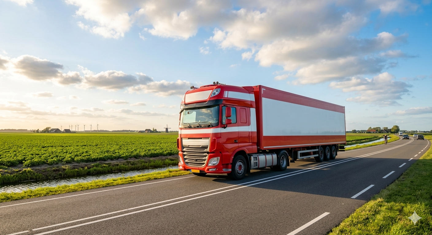 Rode vrachtwagen op de weg voor nationaal vrachtvervoer